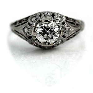 Art Deco .96 CTW Old Euro Diamond Antique Engagement Ring 18 Karat White Gold EGL F/SI2