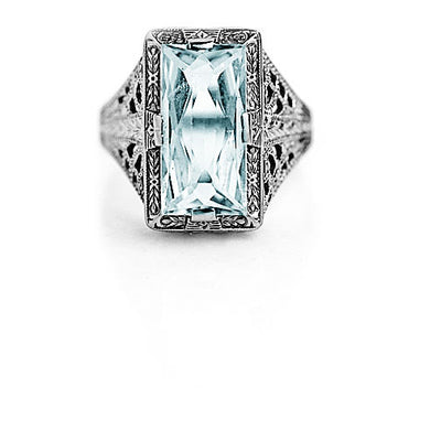 Art Deco 2.75 CTW Rectangular Cut Antique Aquamarine Engagement Ring