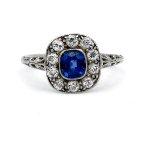 Antique Ceylon 1.10 CTW Sapphire European Cut Diamond Halo Vintage Engagement Ring - Vintage Diamond Ring