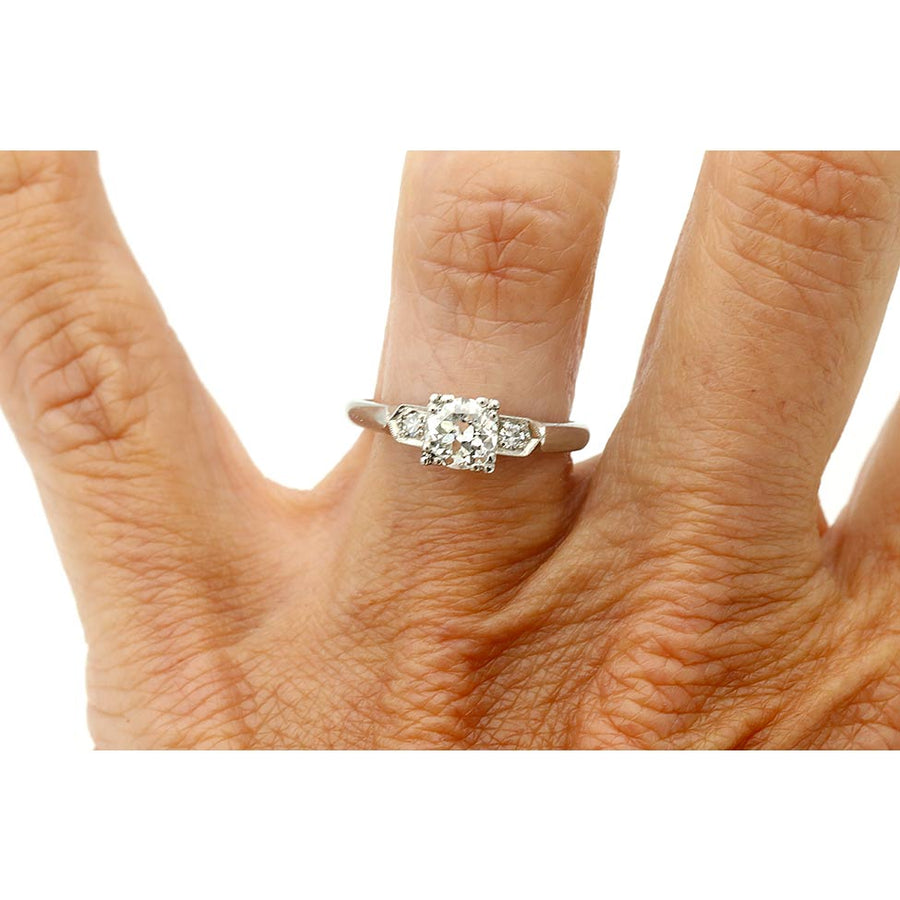 Mid-Century .70 CTW Old European Cut Diamond Three Stone Vintage Engagement Ring GIA J/SI2
