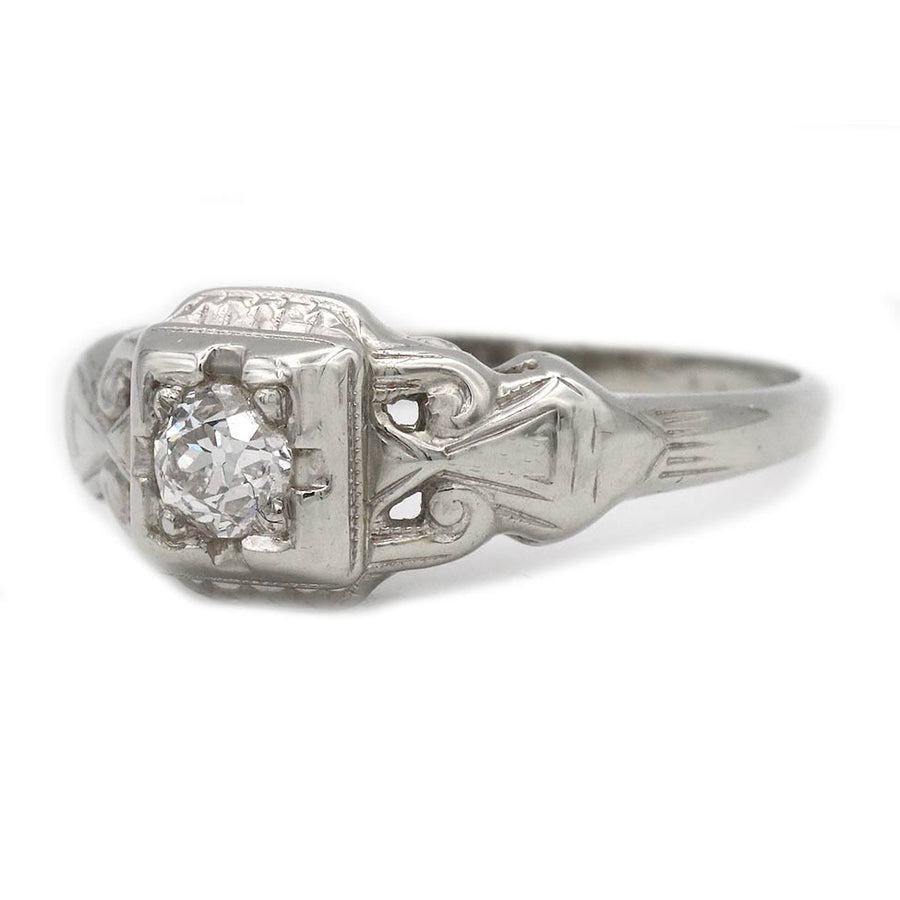 Art Deco .30 Ct Old Mine Cut Diamond Antique Engagement Ring with Filigree | 18K White Gold