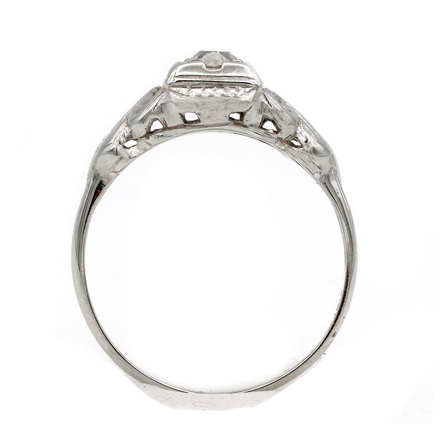 Art Deco .30 Ct Old Mine Cut Diamond Antique Engagement Ring with Filigree | 18K White Gold