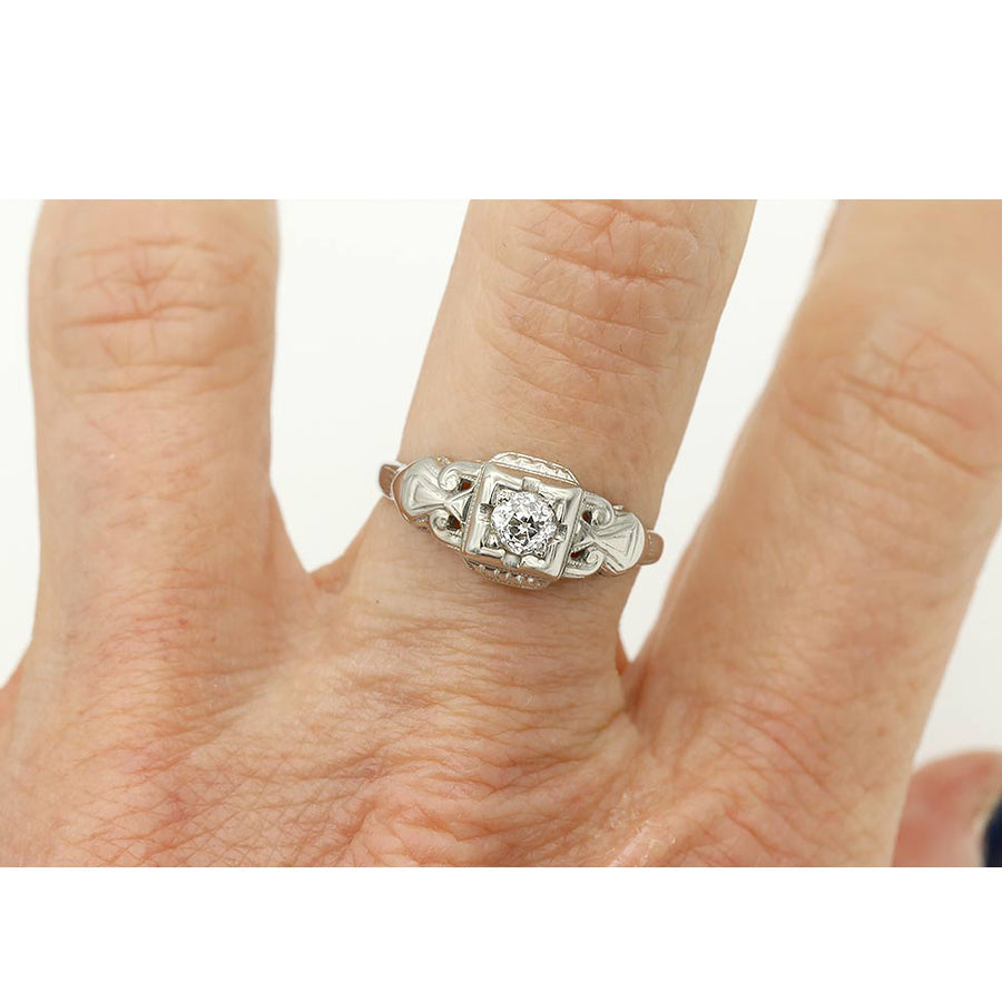 Art Deco .30 Ct Old Mine Cut Diamond Antique Engagement Ring with Filigree | 18K White Gold