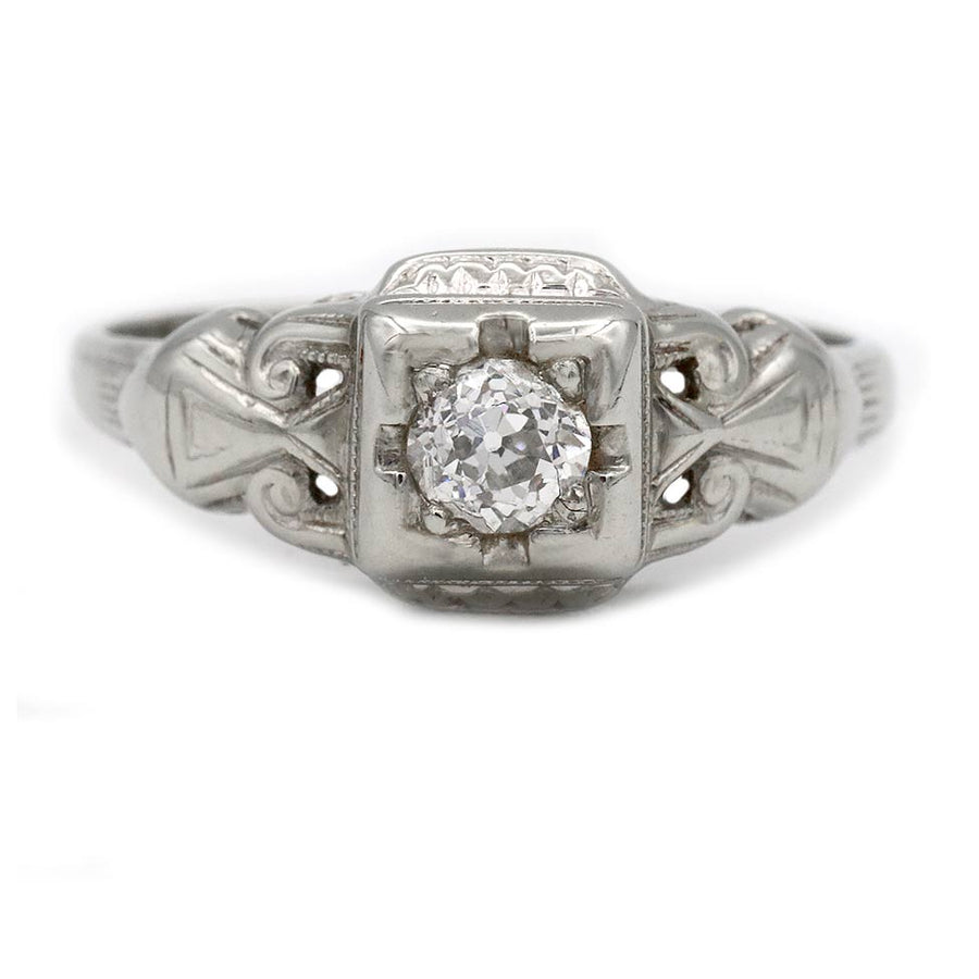 Art Deco .30 Ct Old Mine Cut Diamond Antique Engagement Ring with Filigree | 18K White Gold