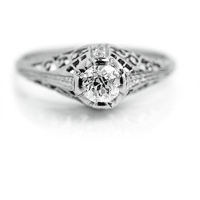 Unique Vintage .35 Ct Filigree Solitaire Art Deco Engagement Ring 1930s