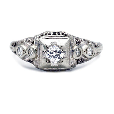 Vintage .33 CTW Diamond Art Deco Engagement Ring With Bezel Set Side Stones
