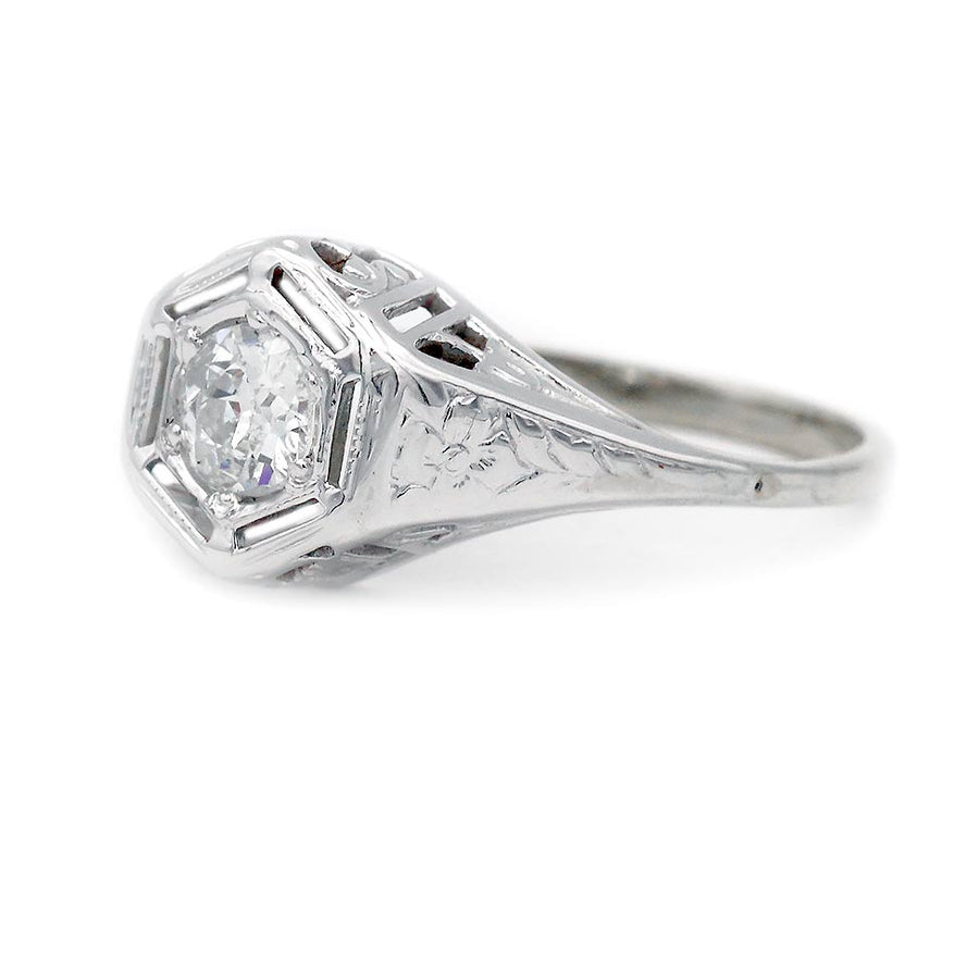 Vintage .35 Ct Old European Cut Diamond Hexagonal Solitaire Antique Engagement Ring with Floral Engravings