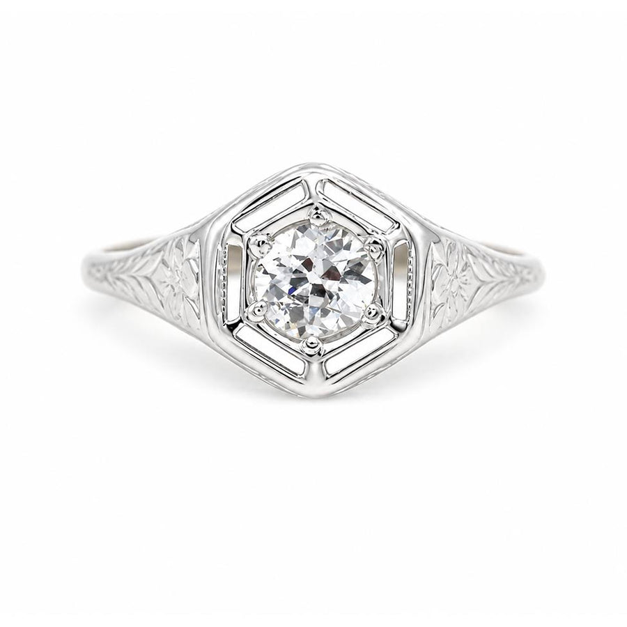 Vintage .35 Ct Old European Cut Diamond Hexagonal Solitaire Antique Engagement Ring with Floral Engravings