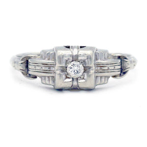 petite art deco .08 ct old european cut diamond ring in 18 kt white gold shown in a front view