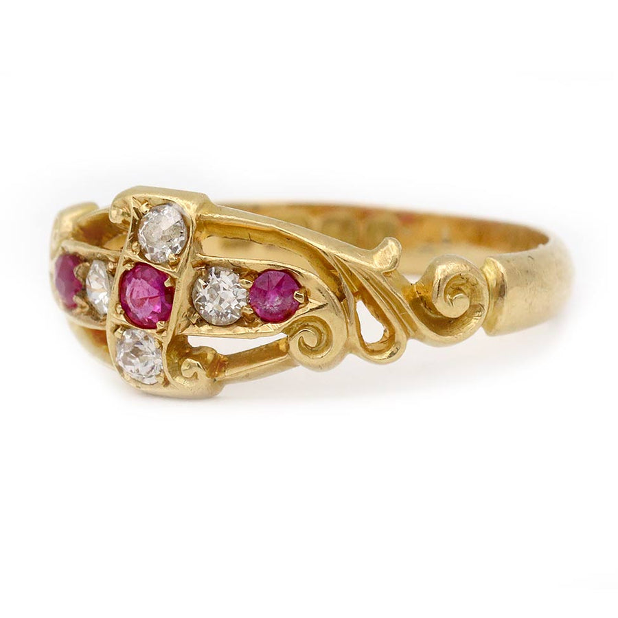 Vintage .65 CTW Burma Ruby & Old Mine Cut Diamond Wedding Band in 18K Yellow Gold