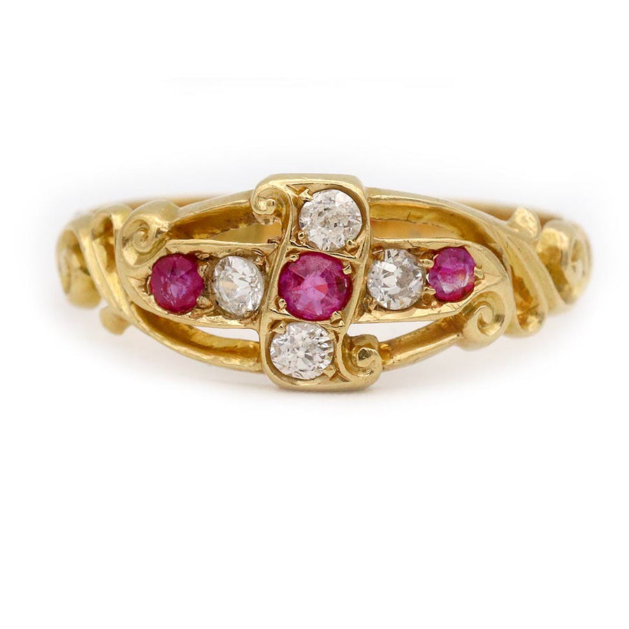 Vintage 1940s natural ruby and Old Mine cut diamond wedding band 18K yellow gold alternating stones open scrollwork English hallmarks