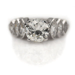 Art Deco 1.45 CTW Old European Cut Diamond Engagement Ring Navette Side Stones GIA F/SI2
