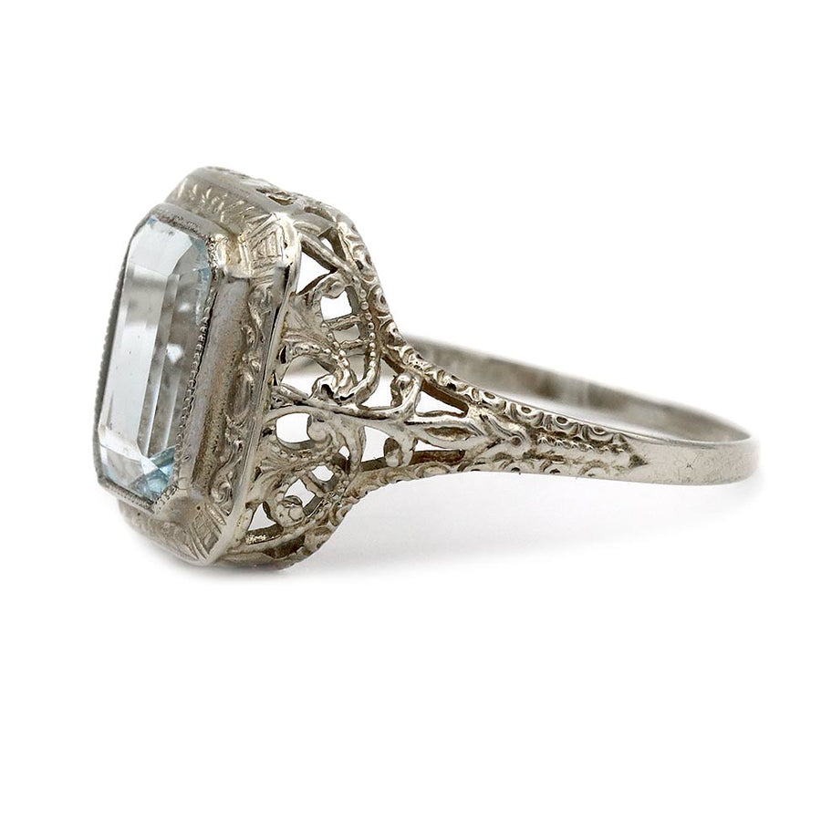 Art Deco 1.75ct Emerald Cut Aquamarine Halo Engagement Ring | 14k White Gold Filigree Ring