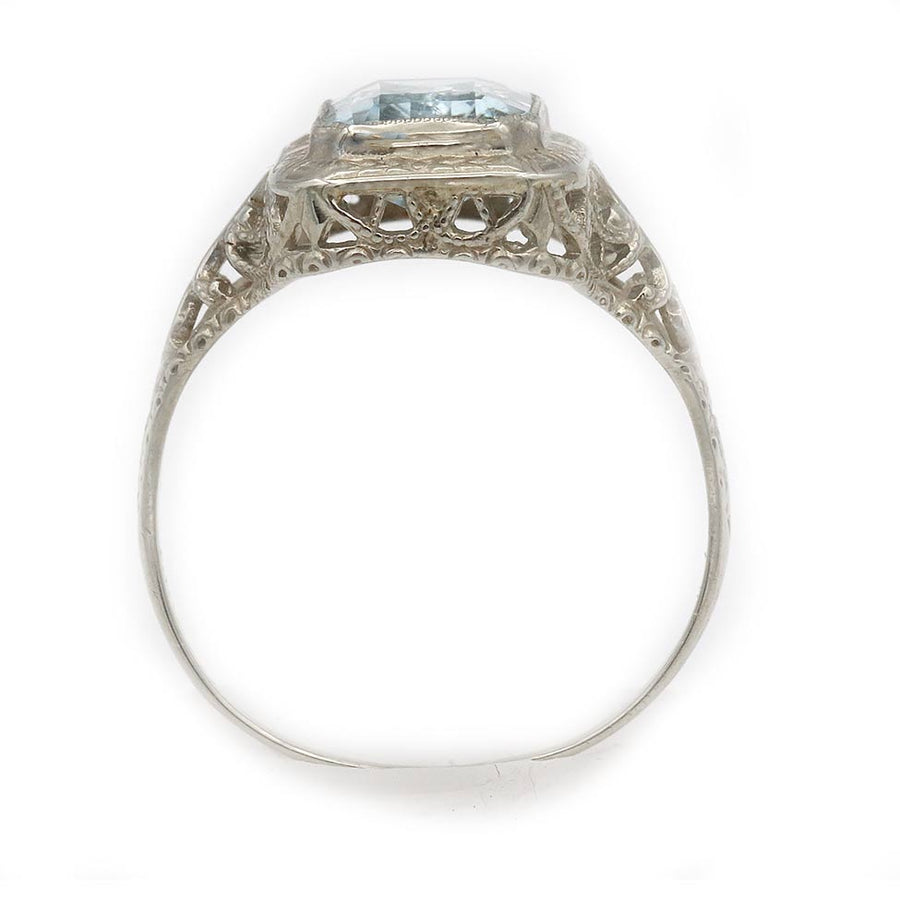 Art Deco 1.75ct Emerald Cut Aquamarine Halo Engagement Ring | 14k White Gold Filigree Ring