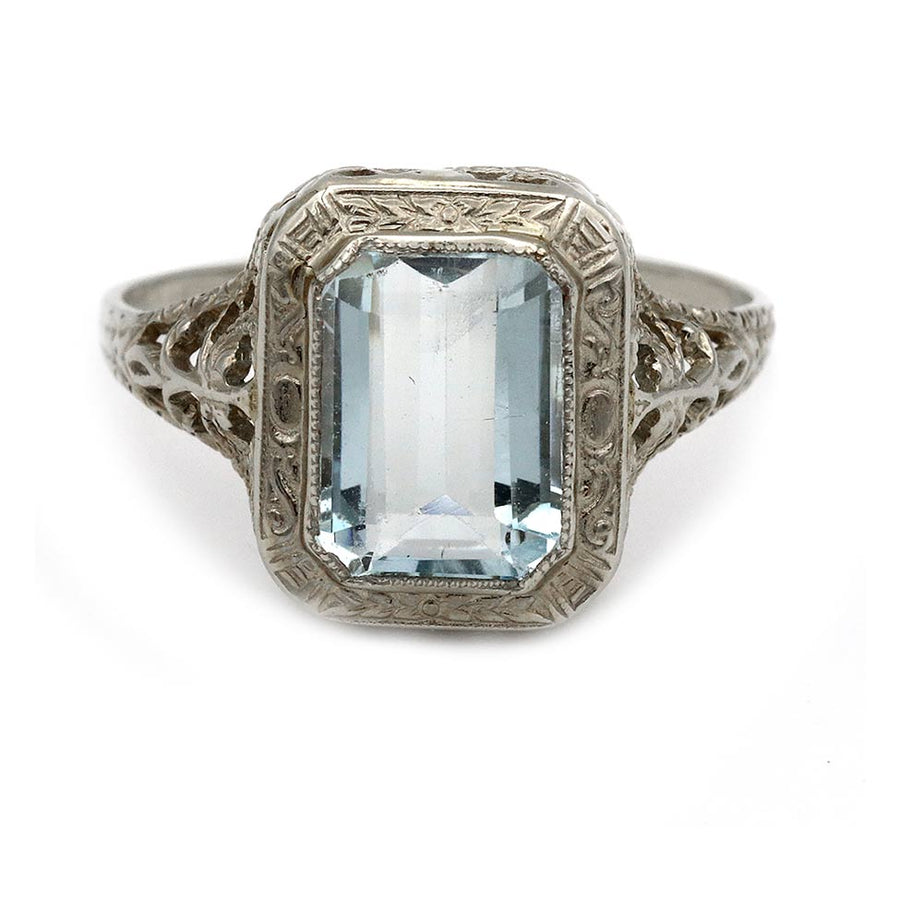 Art Deco 1.75ct Emerald Cut Aquamarine Halo Engagement Ring | 14k White Gold Filigree Ring