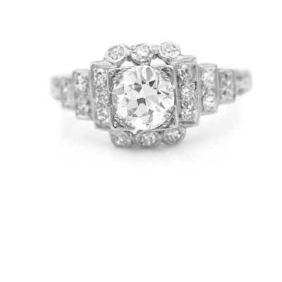 Art Deco 1.44 CTW European Cut Diamond Vintage Engagement Ring with Tiered Side Stones