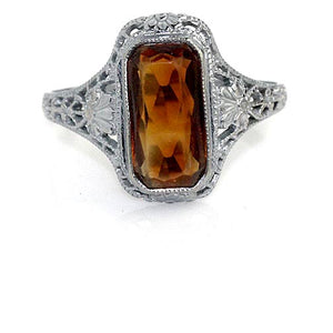 Art Deco North-South 1.50 CTW  10 Karat White Gold Citrine Antique Engagement Ring - Vintage Diamond Ring