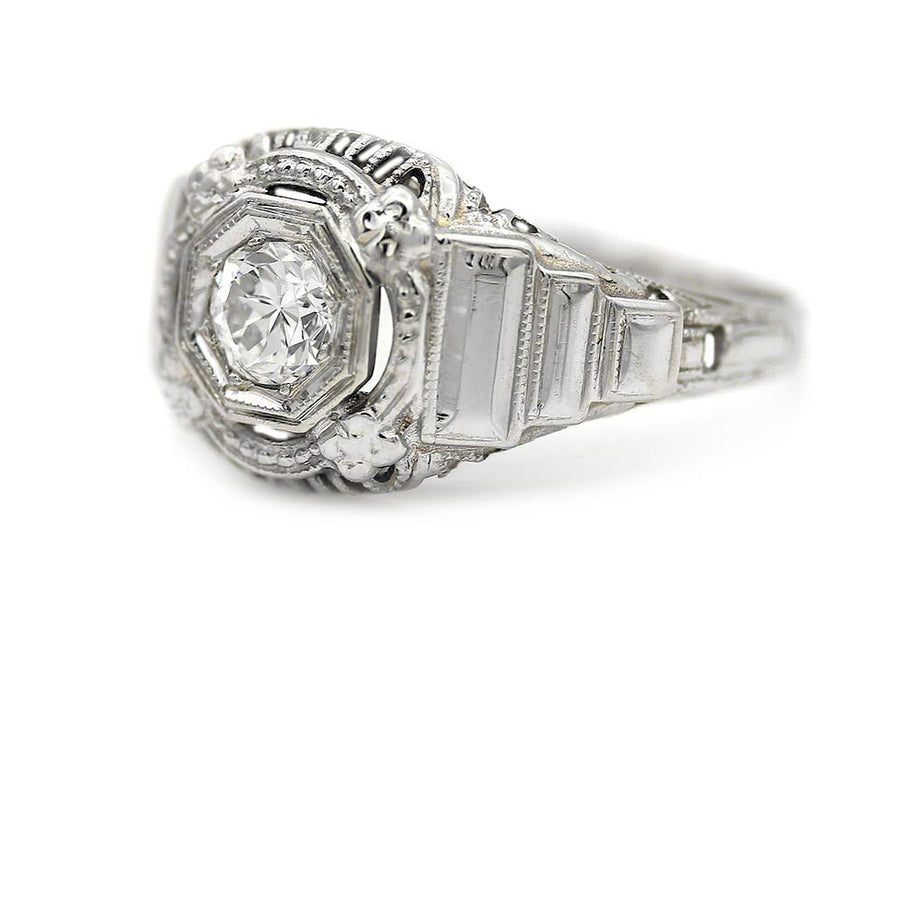 Art Deco .30ct Old European Cut Diamond 18K White Gold Octagon Ring