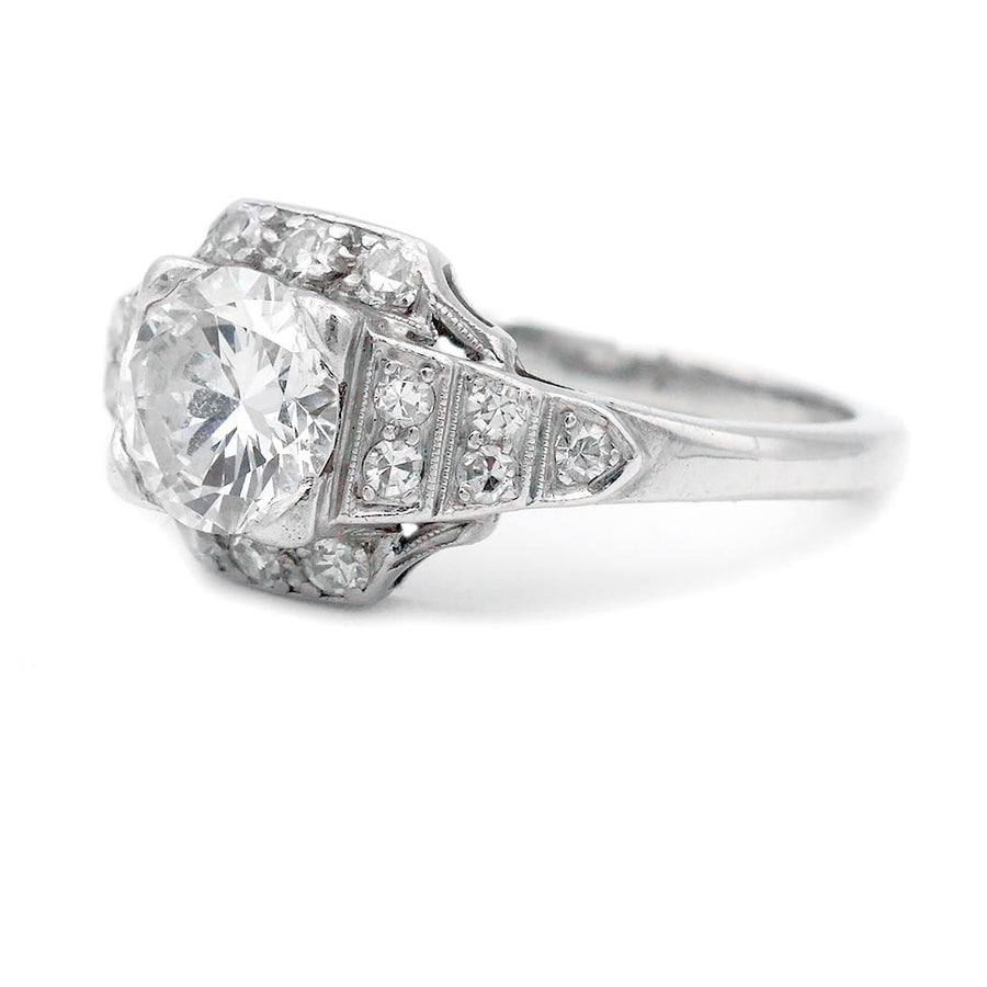 Art Deco Old European Cut Diamond Halo Engagement Ring in Platinum | 1920s