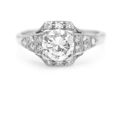 Art Deco 1.14 CTW Platinum Halo Antique Engagement Ring with Side Tiered Diamonds