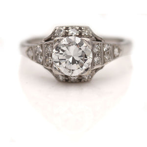 Art Deco 1.14 CTW Platinum Halo Antique Engagement Ring with Side Tiered Diamonds