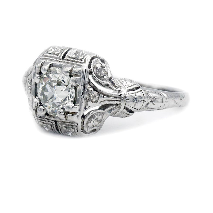 Art Deco Square .60 Ct Old Mine Cut Diamond Antique Engagement Ring J/VS2