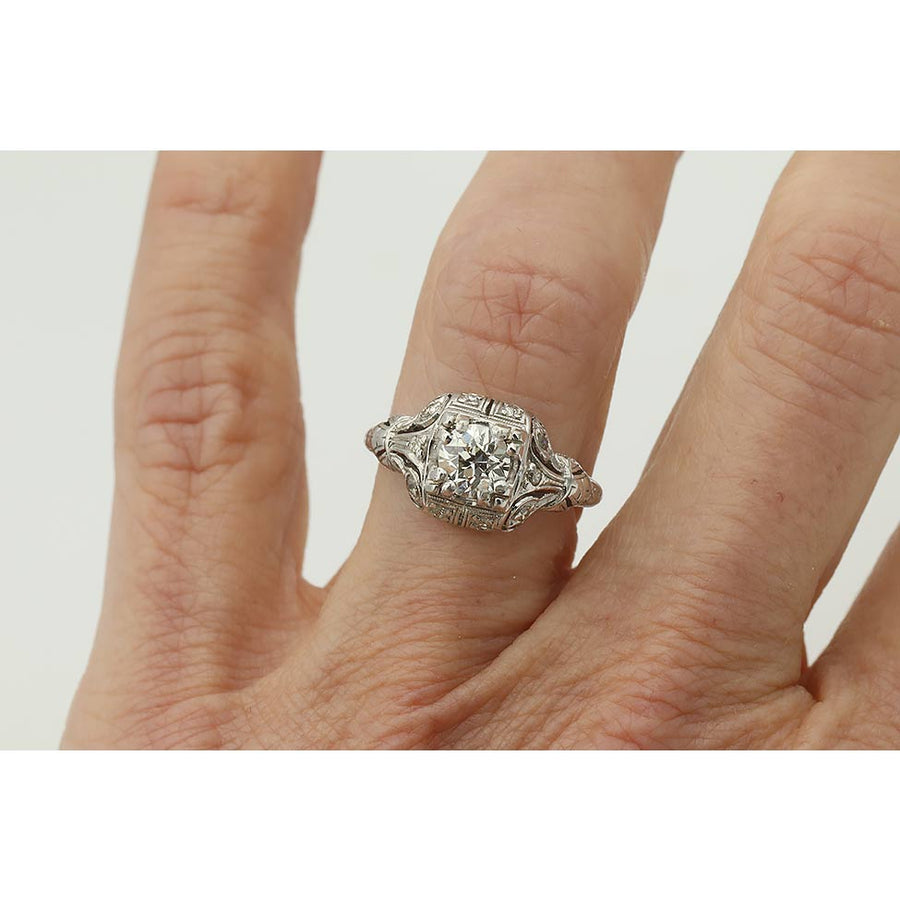 Art Deco Square .60 Ct Old Mine Cut Diamond Antique Engagement Ring J/VS2