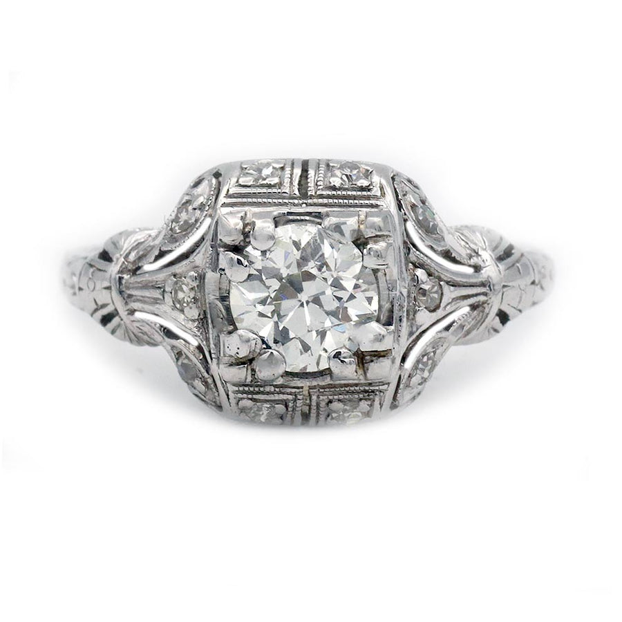 Art Deco Square .60 Ct Old Mine Cut Diamond Antique Engagement Ring J/VS2