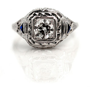 Art Deco .61 CTW Old European Cut Diamond Sapphire Vintage Engagement Ring GIA G/SI1