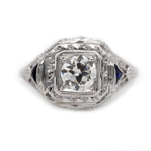 Art Deco engagement ring .51 carat GIA certified old European cut diamond G SI1 with triangle sapphire accents in 18K white gold circa 1930s