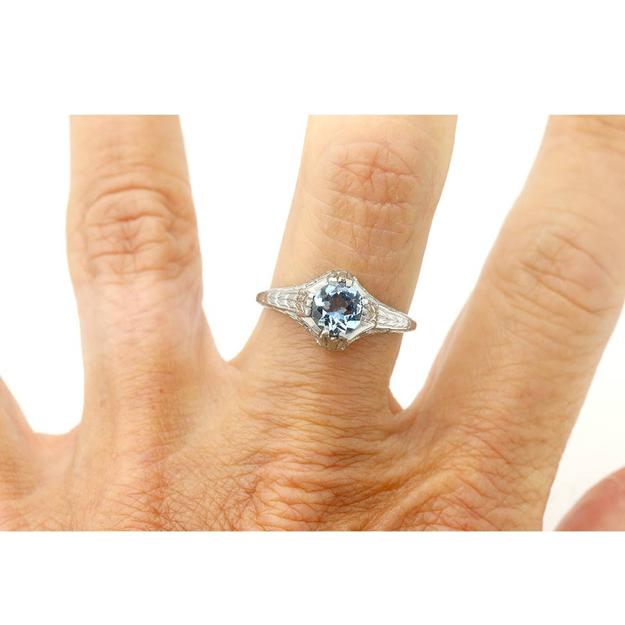 Art Deco .85 Ct Aquamarine Engagement Ring with Filigree in 18K White Gold