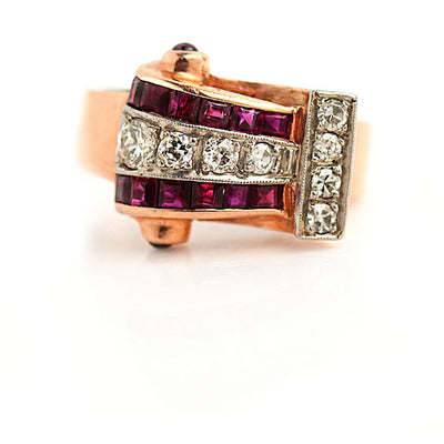 Retro 1.20 CTW Ruby European Cut Diamond 14 Karat Rose Gold Antique Engagement Ring