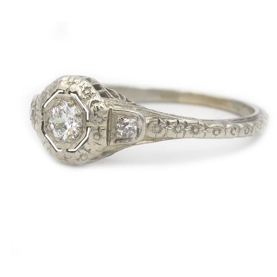 Art Deco .25 Ct Old European Cut Diamond Octagonal Engagement Ring in 18K White Gold