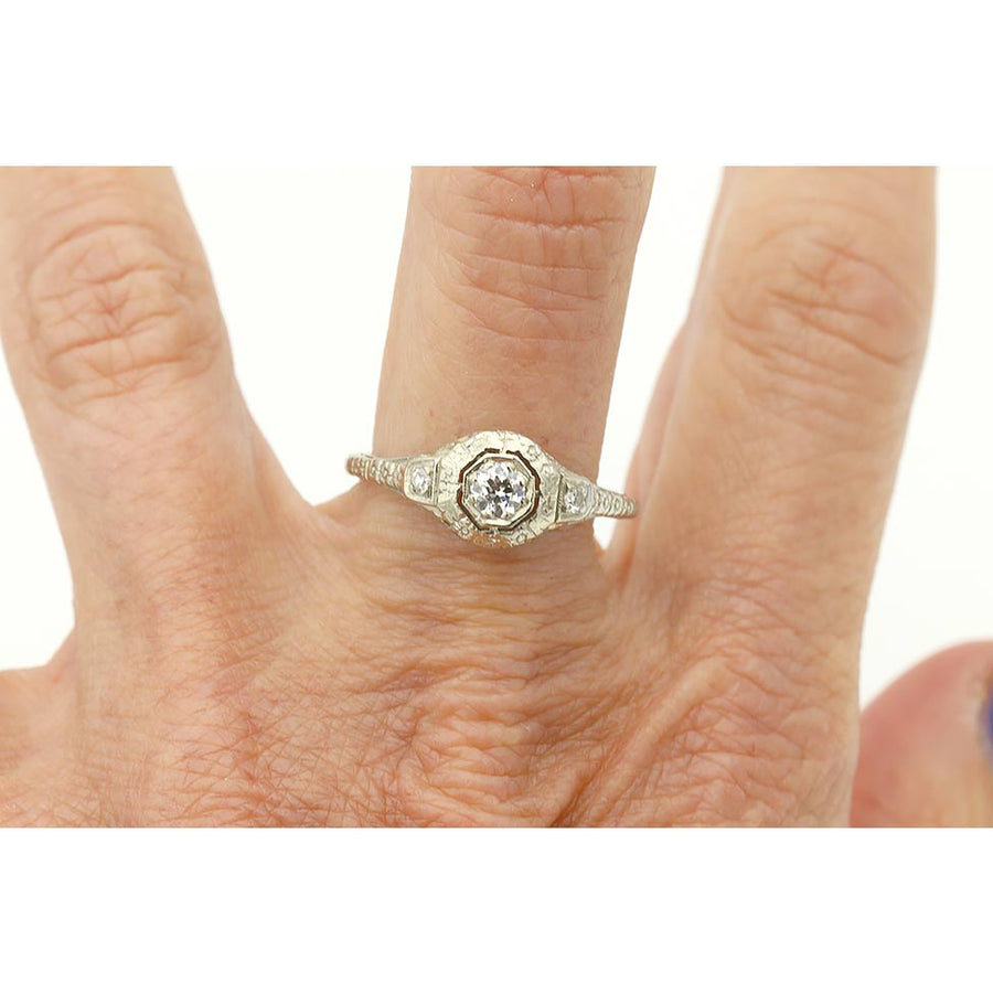 Art Deco .25 Ct Old European Cut Diamond Octagonal Engagement Ring in 18K White Gold