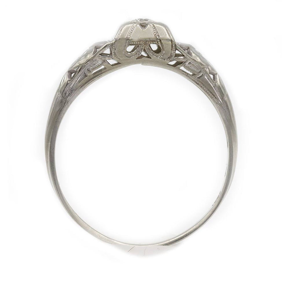 Art Deco .10ct Old European Cut Diamond 18K White Gold Geometric Ring