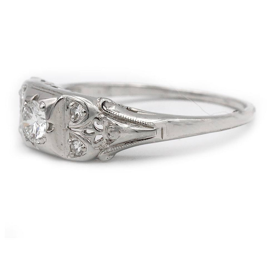 Art Deco .25 Ct Old European Cut Diamond 14K White Gold Geometric Vintage Engagement Ring
