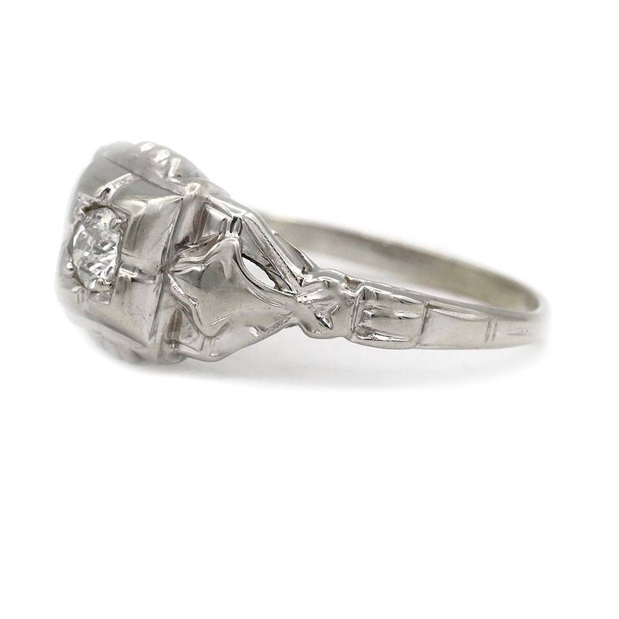 Art Deco .15 Ct Diamond 18 Karat White Gold Geometric Vintage Engagement Ring