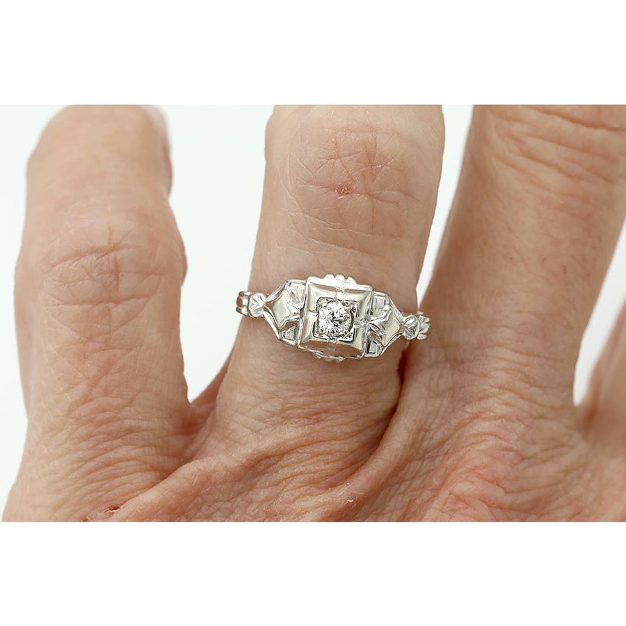 Art Deco .15 Ct Diamond 18 Karat White Gold Geometric Vintage Engagement Ring