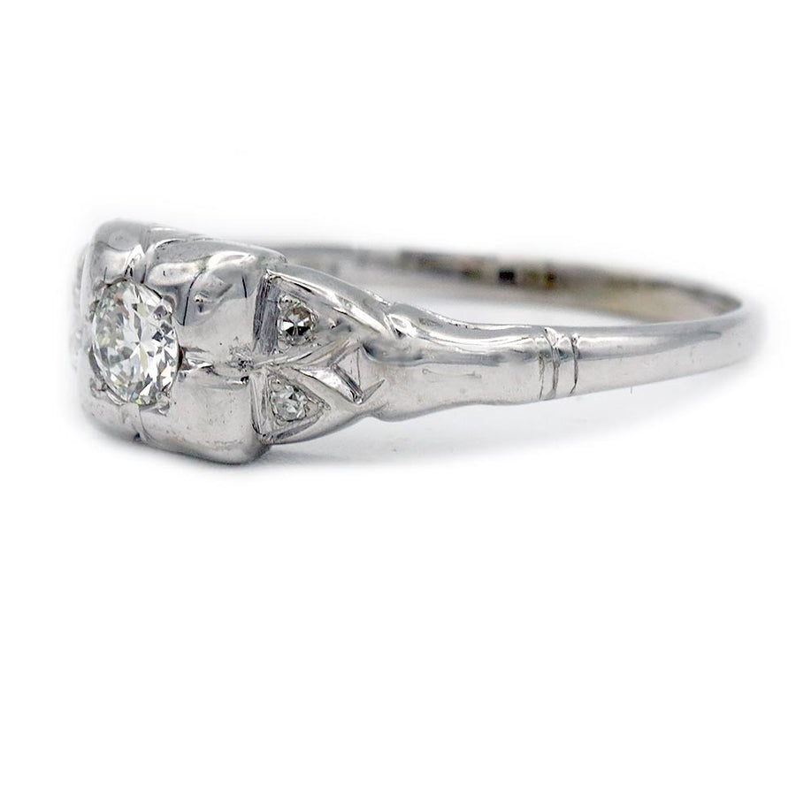 Art Deco Old European Cut Diamond Antique Engagement Ring .28 CTW Side Stones 18K White Gold Circa 1930s
