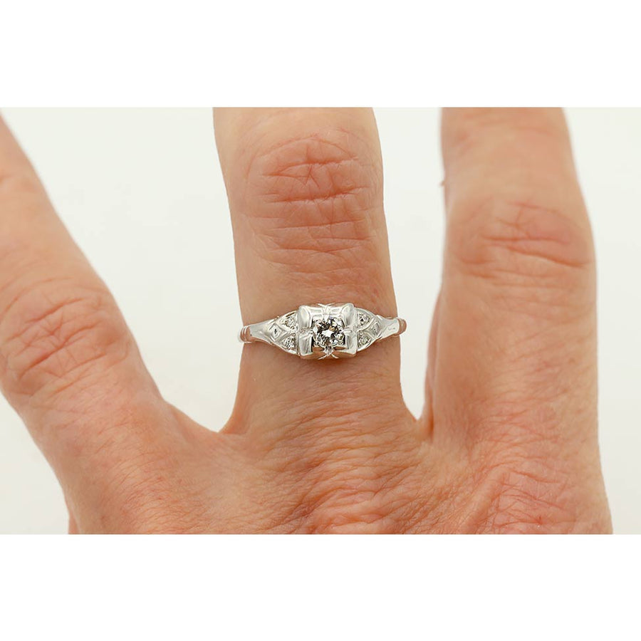 Art Deco Old European Cut Diamond Antique Engagement Ring .28 CTW Side Stones 18K White Gold Circa 1930s