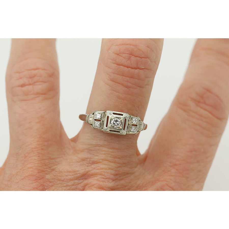 Art Deco .10 Ct Old European Cut Diamond Engagement Ring | 18K White Gold | Circa 1930s