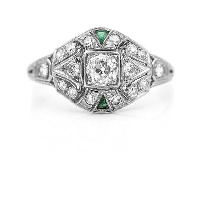 Art Deco .77 CTW Old Mine Cut Vintage Diamond Emerald Engagement Ring