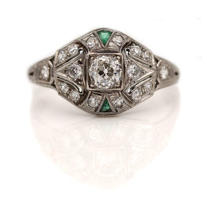 Art Deco .77 CTW Old Mine Cut Vintage Diamond Emerald Engagement Ring