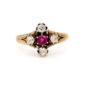 Victorian .85 CTW 10 Karat Rose Gold Burma Ruby Old Mine Cut Diamond Engagement Ring