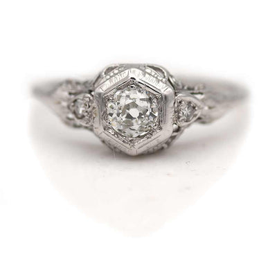 1930s Art Deco Open Metal Work Old Mine Cut Diamond Engagement Ring