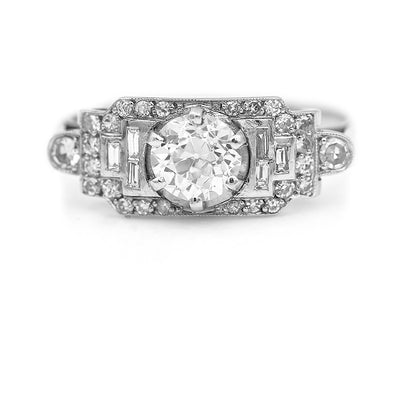 Art Deco .90 CTW Old European Cut Baguette Diamond Vintage Engagement Ring