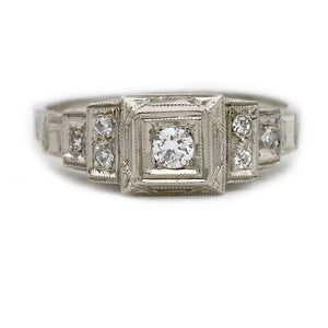 art deco old european cut diamond engagement ring in 18 kt white gold shown in a front view
