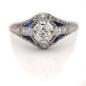 Vintage .85 CTW European Cut Diamond & Sapphire Engagement Ring