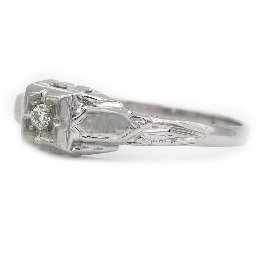 Art Deco .08ct Old European Cut Diamond Engagement Ring | G VS2 14k White Gold Square Filigree