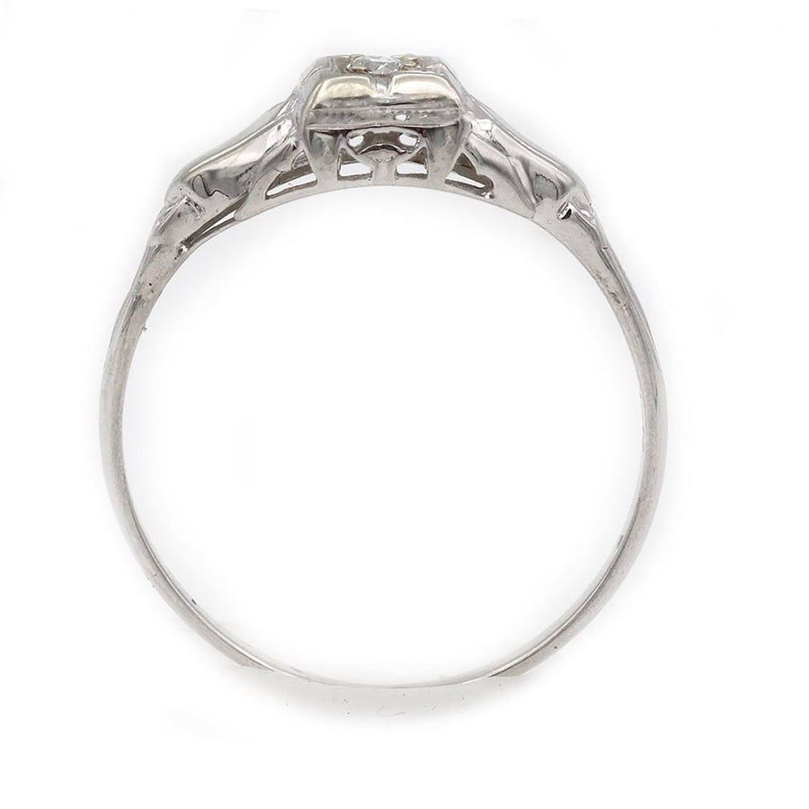 Art Deco .08ct Old European Cut Diamond Engagement Ring | G VS2 14k White Gold Square Filigree